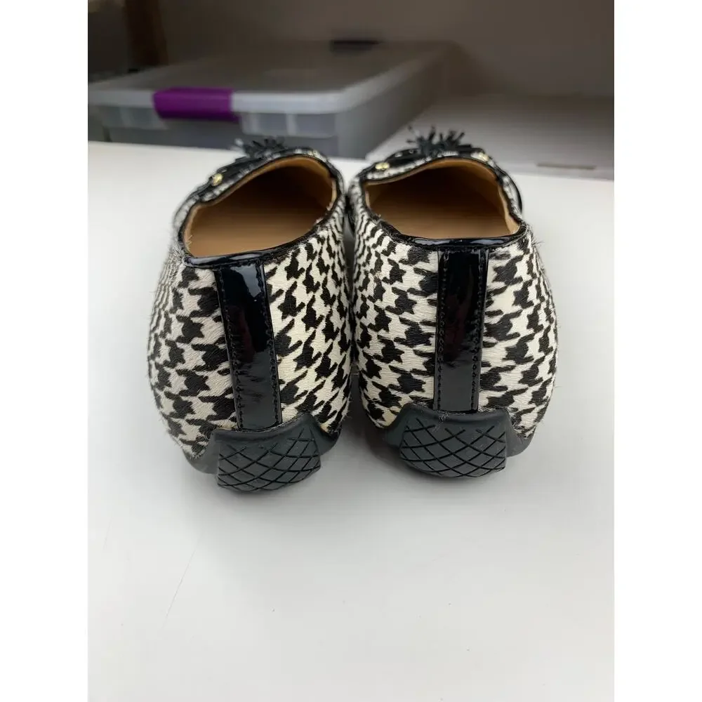 Talbots Flats Black White Houndstooth Calf Hair Tassel Fringe Shoes Women's 10